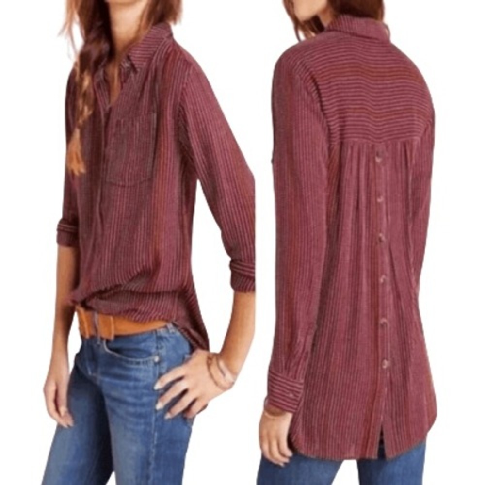 Anthropologie Isadora Button Back Tunic Top Maroon Wool Blend Size S